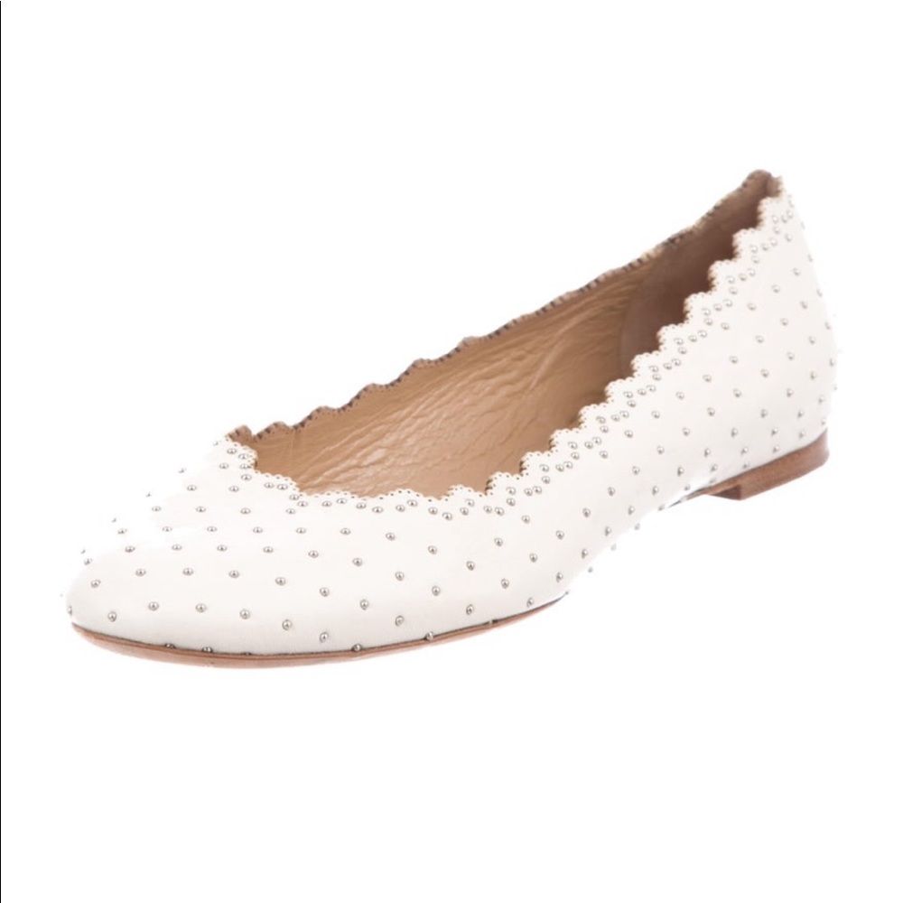 CHLOÉ Lauren White Studded Leather Scallop Trim Ballet Flats Size 38